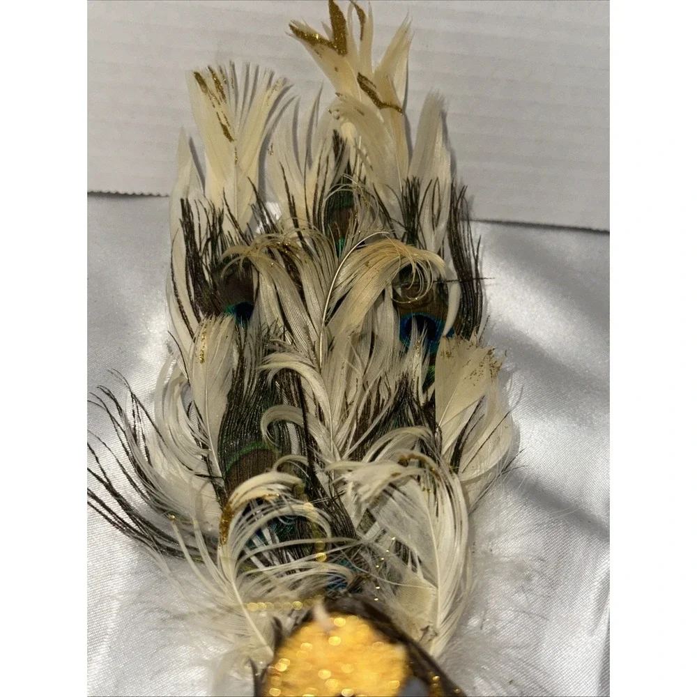 Vtg Pier One Gold Peacock Clip On Ornament Embellished Feathered Vintage Used